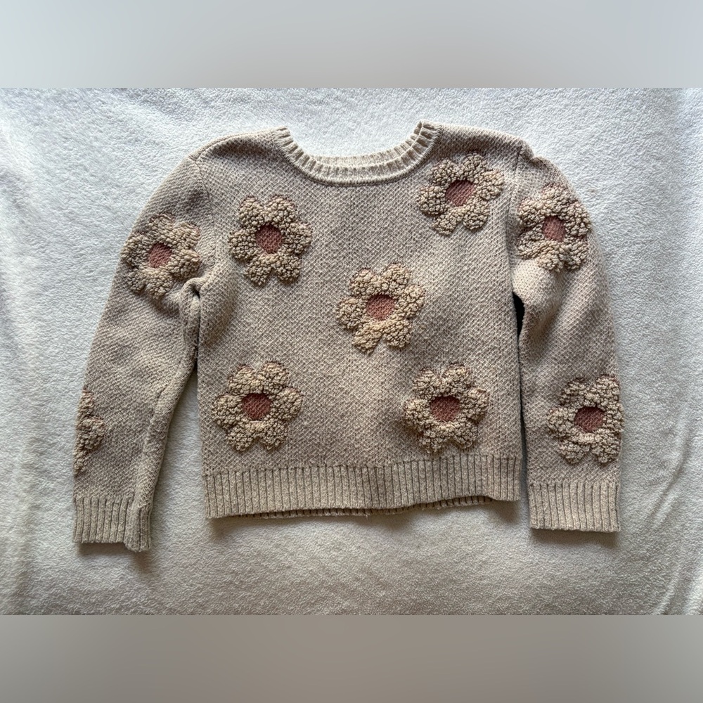 Amy Byer Girls Daisy Knit Sweater | Cream & Brown | Size 7/8